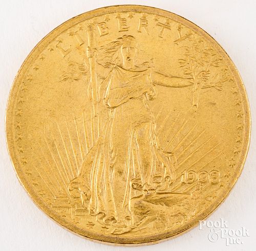 1908 St. Gaudens twenty dollar gold coin, no motto