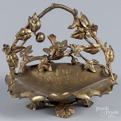 Gilt metal basket with engraved floral decoration and applied bird and fruit, 10 1/2'' h., 11 1/2'' x
