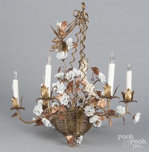 Gilt metal and porcelain chandelier, 22'' h., 22'' w.