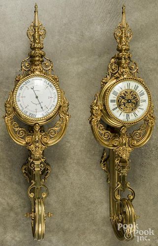 French gilt bronze wall clock and matching barometer, the face signed Flinois Trouille, Amiens, 34