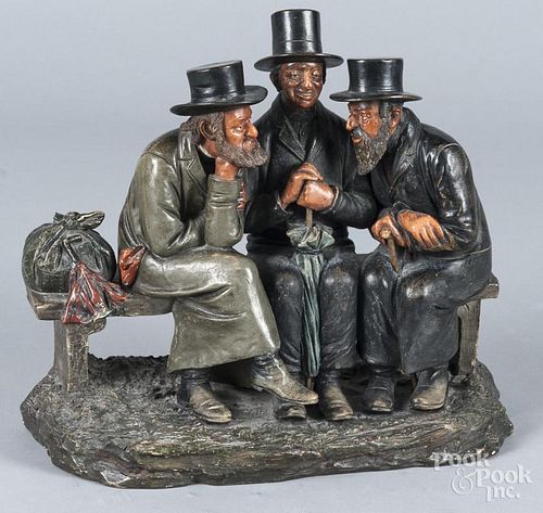 Pottery figure of three seated men. early 20th c., probably German, 11'' h.