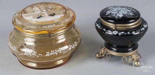 Two enamel decorated glass dresser boxes, 4 1/2'' h., 7 1/4'' w. and 5 h., 5 1/2'' w.