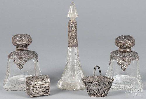 Three silver mounted glass bottles together with two filigree dresser boxes, tallest - 8 3/4'' h.