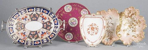 Gaudy Ironstone tray with silver plate mounts, 11 3/4'' l., 18'' w., together with three other trays.