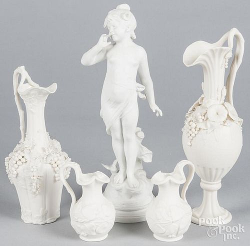 Parian figure of a young girl, 12 1/4'' h., together with a pair of ewers and a pair of creamers.
