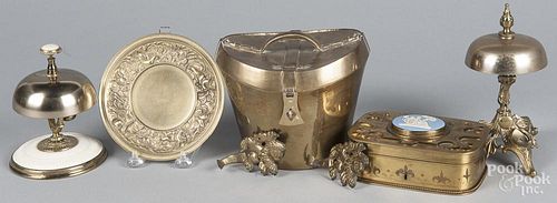 Metalware, to include two dinner bells and dresser box with Wedgwood insert.