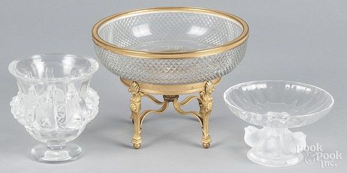 Lalique frosted glass bowl, 3 1/4'' h., 5 1/2'' dia., together with a similar vase with indistinct sig