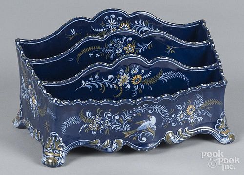 Montagnon Faience letter holder, 5 3/4'' h., 10'' w., together with two hanging porcelain plaques and