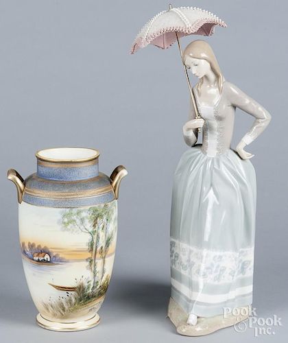 Lladro woman with parasol, 18 1/2'' h., together with a Nippon vase 10 1/4'' h.