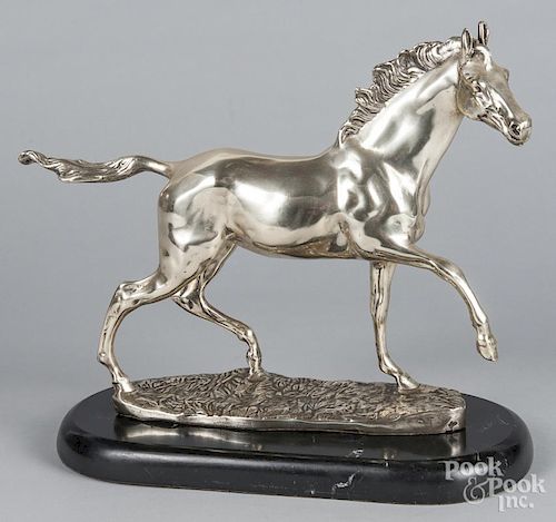 Silver plate horse with marble stand, 14'' h.,16 1/2'' w.