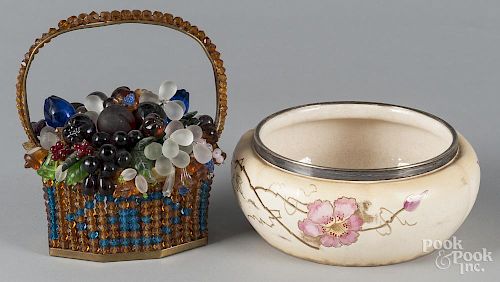 Porcelain bowl, 4'' h., 9 1/2'' dia., together with a glass and bead basket.