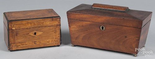 Regency mahogany tea caddy, ca. 1820, together with a smaller caddy 5 1/4'' h., 9 3/4'' w. and 4'' h.,