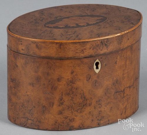 Burl veneer tea caddy, ca. 1800, with a shell inlaid lid, 4'' h., 6'' w.
