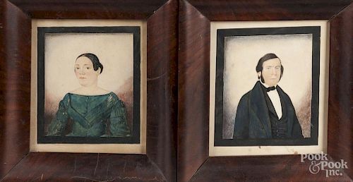 Pair of miniature watercolor portraits of a husband and wife, ca. 1840, 4 3/4'' x 3 3/4''.