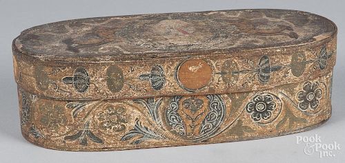 Continental painted bentwood box, 19th c., retaining its original floral decoration with decoupage a
