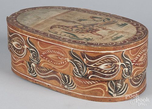 Continental painted bentwood box, 19th c., retaining its original bird decoration on lid and floral