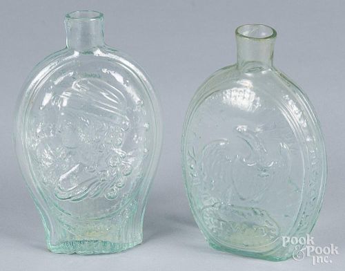 Union Co. aqua glass flask, with eagle and Kensington, with bust of Columbia, 6 7/8'' h., together wi