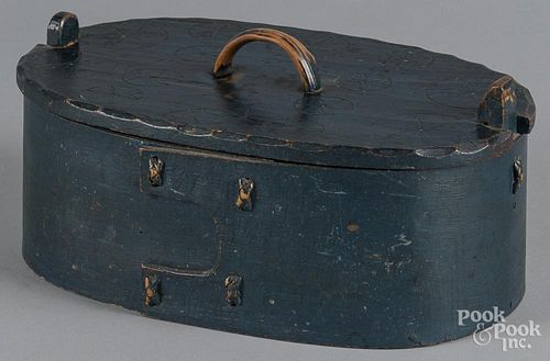 Norwegian painted bentwood box, 19th c., retaining its original blue decoration with carved pinwheel