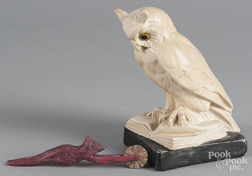 Carved and painted fox jagging wheel, 6 1/2'' l., together with a plaster owl, 7 1/4'' h.