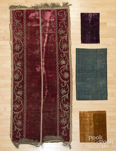 Collection of early velvet fragments, together with a large velvet panel with metallic embroidery.