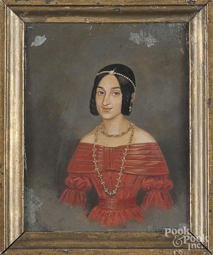 Oil on tin portrait of a woman, 19th c., 6 1/2'' x 5''.
