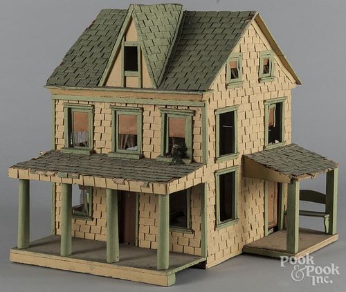 Painted dollhouse, ca. 1930, 21'' h., 21'' w., 17 1/2'' d.