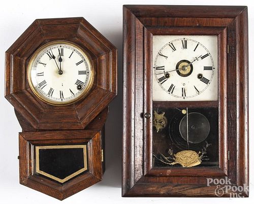 Pine wall clock, together with a Seth Thomas mantel clock, 15 1/4'' h. and 16 1/4'' h.