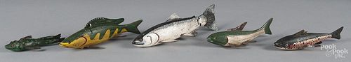 Five Walt Watson Jr. carved and painted fish decoys, longest- 10 1/2''.