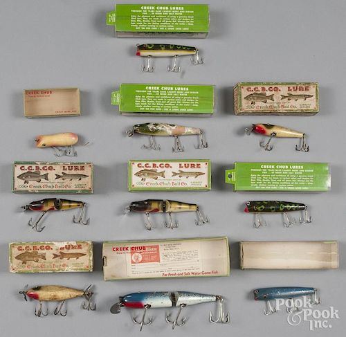 Ten Creek Chub wood fishing lures with boxes, to include three Darters, an injured minnow, a mouse,
