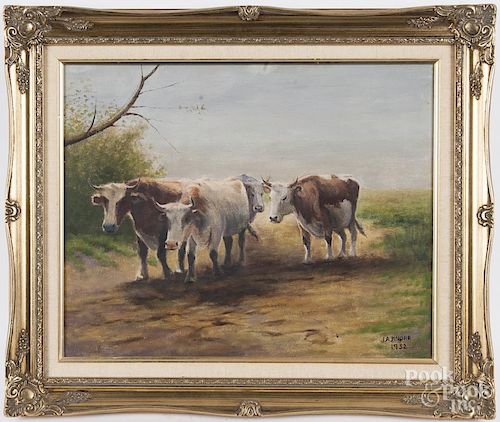 Oil on canvas landscape with cows, signed J. Knorr 1952, 16'' x 20''.