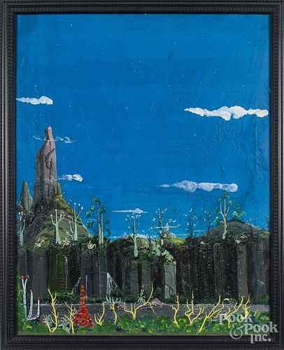 Oil on canvas fantasy landscape, 20th c., 30'' x 24''.