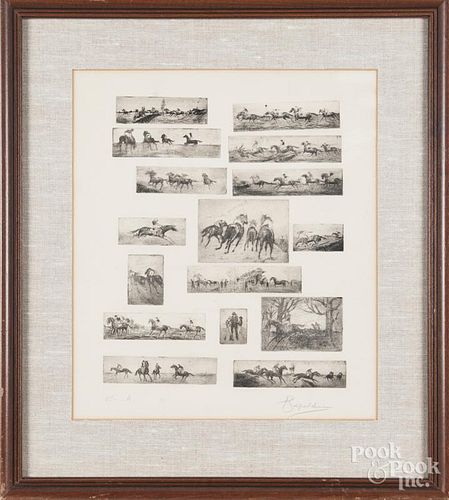 Set of horse racing engravings, signed P. Sepulchre, 15''x 13''.