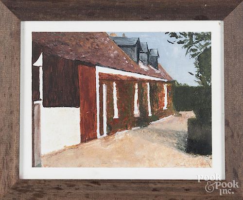 Oil on canvas of a barn, signed Sheile W___2001, 9'' x 12''.