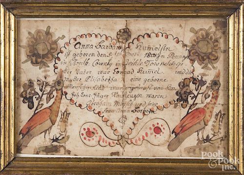 Pennsylvania ink and watercolor fraktur birth certificate for Anna Barbara Humels, b. 1805, 7 1/2'' x