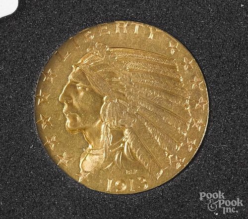 Five dollar Indian Head gold coin, 1913 S.