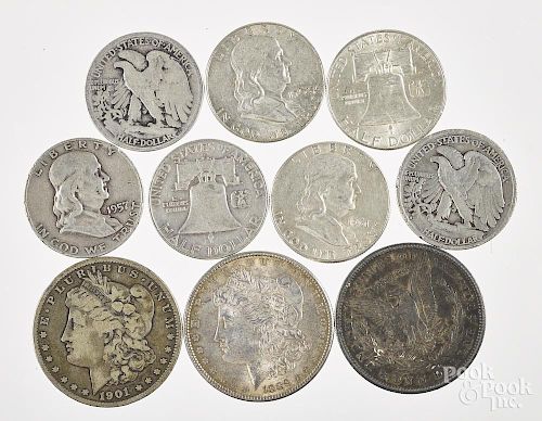 Three Morgan silver dollars, together with seven 90% silver half dollars.