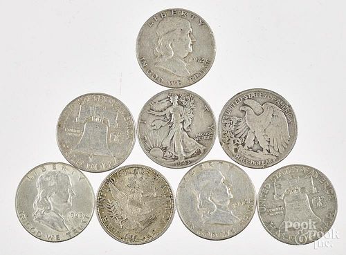 Barber silver half dollar, 1915 D., together with seven silver half dollars.