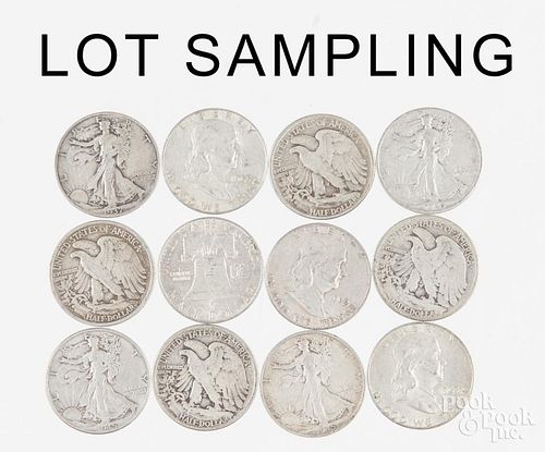 Group of thirty-four 90% silver half dollars, to include eleven Walking Liberty and twenty three Fra