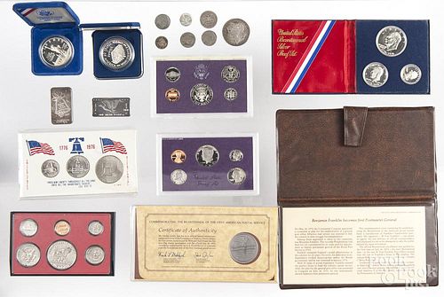 Morgan silver dollar, 1883, together with two 1 oz. pure silver bars, two 1986 Constitution coins, f