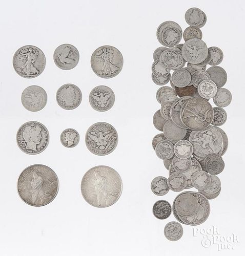 Two silver Peace dollars, together with nine Barber half dollars, four Barber quarters, forty-five B