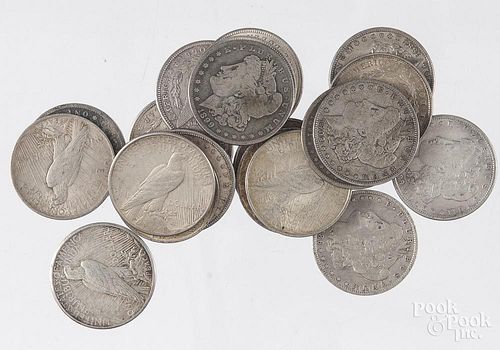 Thirteen Morgan silver dollars, to include six 1921, and seven pre-1921, together with seven Peace d