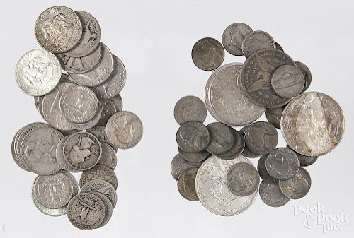 Two Morgan silver dollars, together with $11.00 face value in 90% silver, three silver eagles, and t