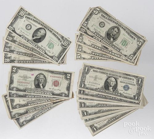 Approximately $155.00 face value in assorted US currency, to include forty-four 1 dollar silver cert