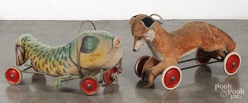 Two Steiff plush ride-on toys, to include a fish and a fox, tallest - 15 1/2''.