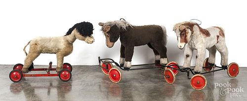 Two Steiff plush ride-on horse toys, together with a Merry Thoughts ride-on horse, tallest - 22''.