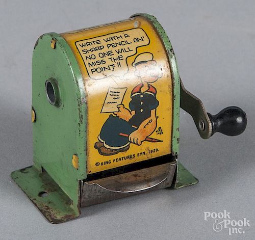 Popeye tin litho pencil sharpener, dated 1929, 2 3/4'' h.