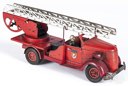 French Vebe tin wind-up fire truck, with driver, 15'' l.