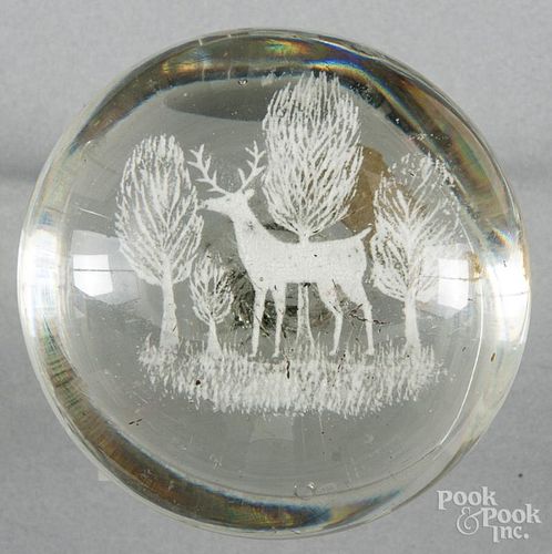 Frit paperweight, attributed to Michael Kane, with a white deer and trees, with an unfinished pontil