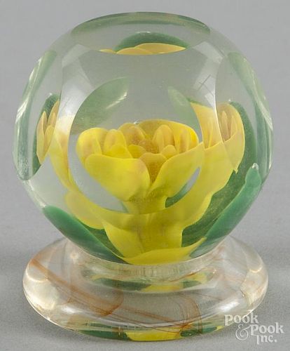 Millville, New Jersey yellow crimp rose paperweight, attributed to ''Goat'' Valla, faceted and footed,