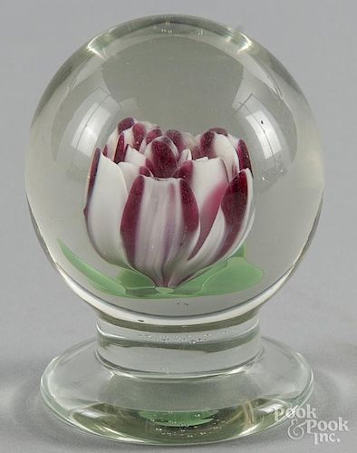 Oscar ''Skip'' Woods, Millville, New Jersey, striped red crimp rose footed paperweight, signed, 3'' dia
